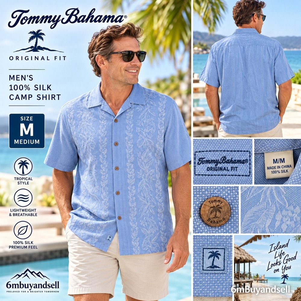 Tommy Bahama Mens Blue 100% Silk Jacquard Floral Camp Shirt Medium T311447